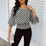 跨境2024春装女装灯灯笼袖上衣女收腰短款撞色印花打揽长袖t恤女