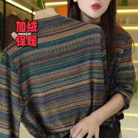 一件代发2024秋冬季新款彩条纹薄绒长袖t恤女打底衫内搭保暖上衣