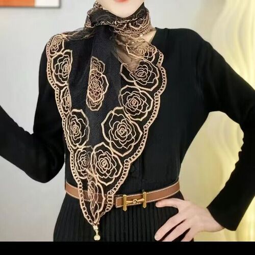 Vintage Embroidered Square Scarf Multi-functional Decorative Silk Scarf Fashion Versatile Elegant Thin Model Neck Scarf Korean Style