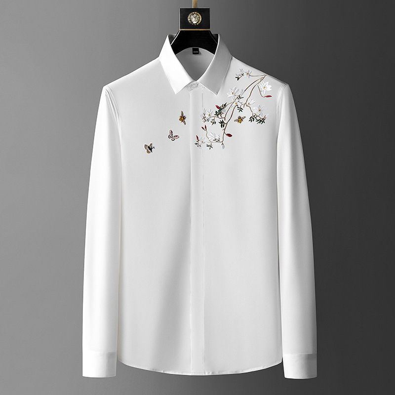 2025 Long-Sleeved Shirt for Men, New Fashion Shirt with Money Tree Pattern Embroidery, Slim Fit, Non-Iron Men's Shirt