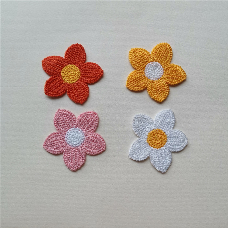 甜美针织五瓣花朵毛线花片刺绣布贴电脑绣花贴布 diy儿童发夹材料