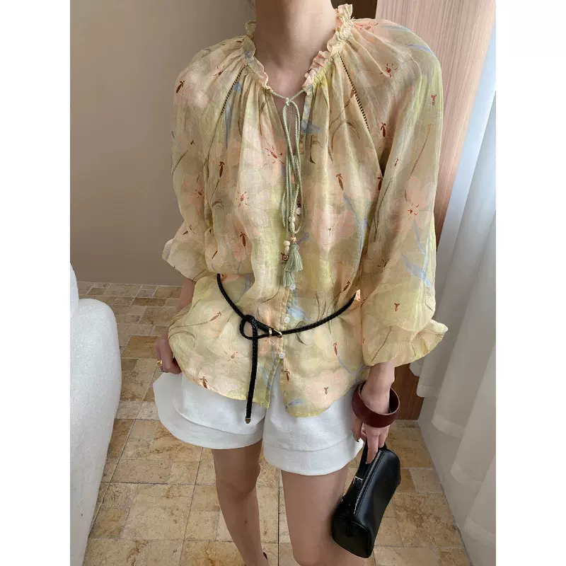 司南 油画感100亚麻 流苏系带V领花朵印花薄感长袖衬衫 SN7521