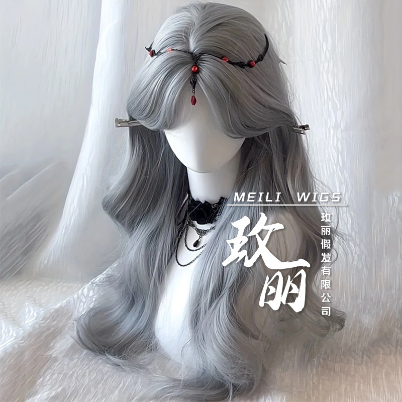 Wig for Women, Silver Gray Eight-Shaped Bangs, Big Wavy Long Curly Hair, Simulated Scalp, High-Quality Hair, Full Head Wig