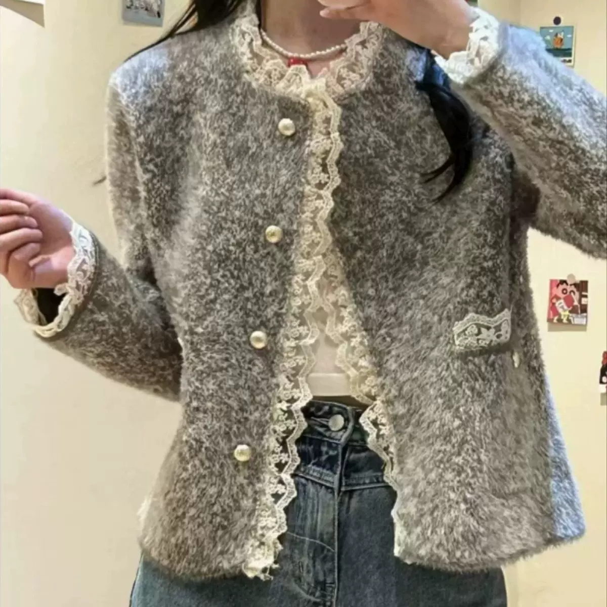 圆领小香风拼接蕾丝边小香风针织开衫女2025秋季新款加厚毛衣外套
