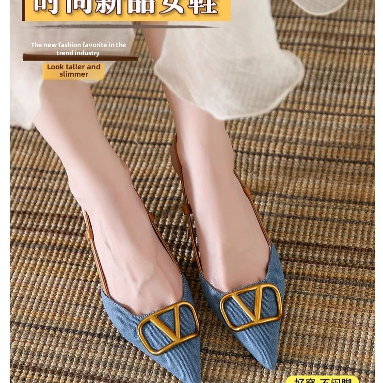 Купальники туфли на каблуке, джинсовые летние sandals pointed toe, французский стиль