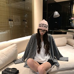 慵懒风撞色条纹气质宽松长袖T恤外套女秋季显瘦百搭休闲开衫上衣
