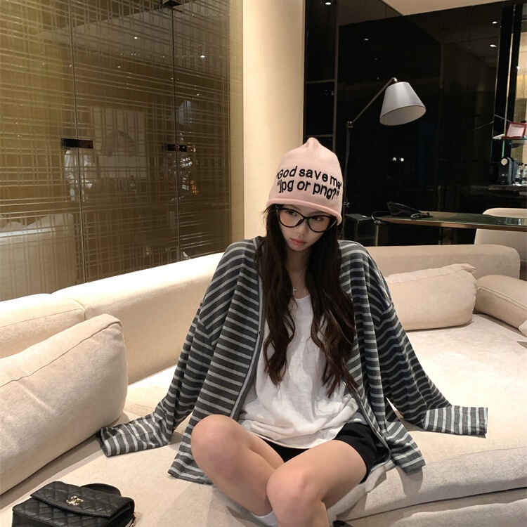 慵懒风撞色条纹气质宽松长袖T恤外套女秋季显瘦百搭休闲开衫上衣|undefined
