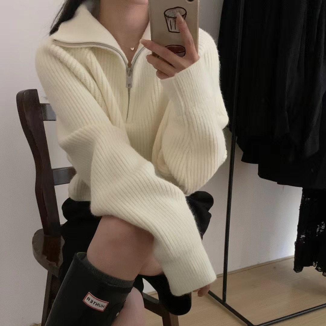 Korean-style turtleneck half-zipper design pullover sweater women's 2024 autumn and winter western-style slim short sweater top
