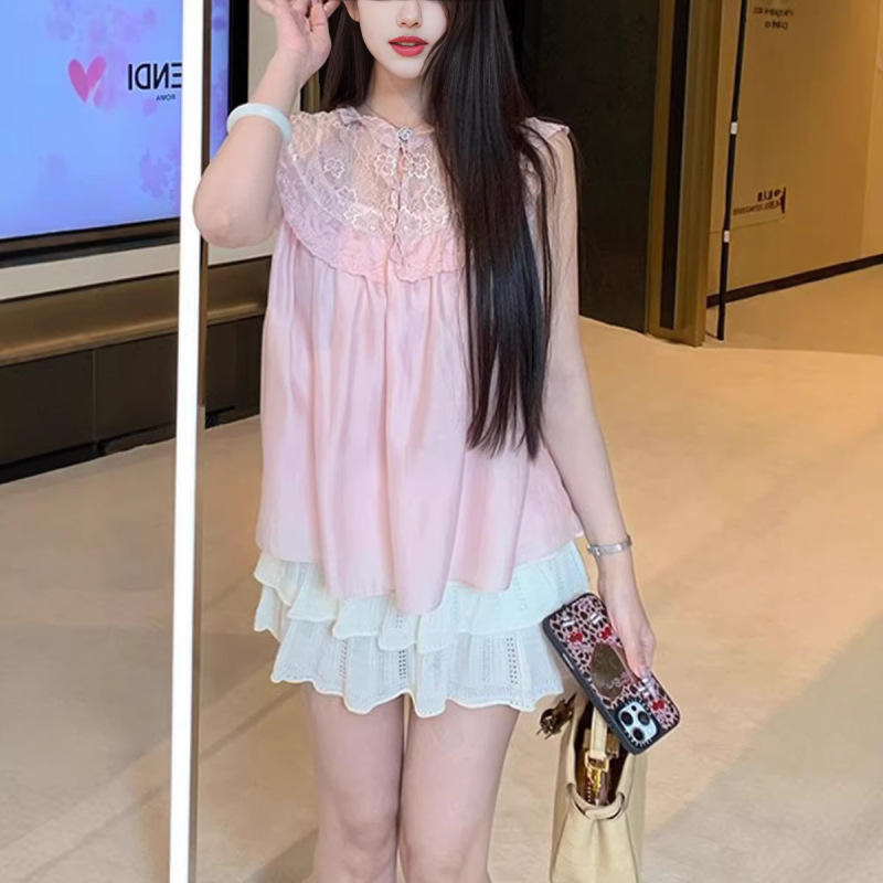 Lace Shawl Loose Camisole Top Lace Patchwork Youthful Top Ruffled Collar Blouse French-Style Shirt