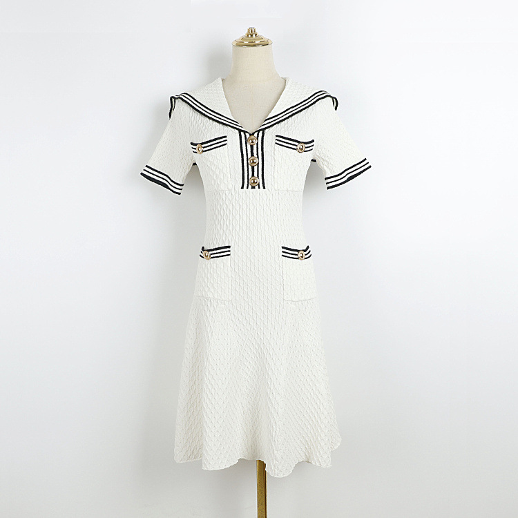Navy collar black and white striped short sleeve knitted fishtail dress gold buckle four pocket long skirt in stock wholesale