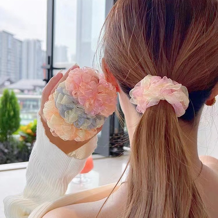 网纱花边高马尾丸子头大肠发圈花朵发饰花苞头饰头花新年不伤发