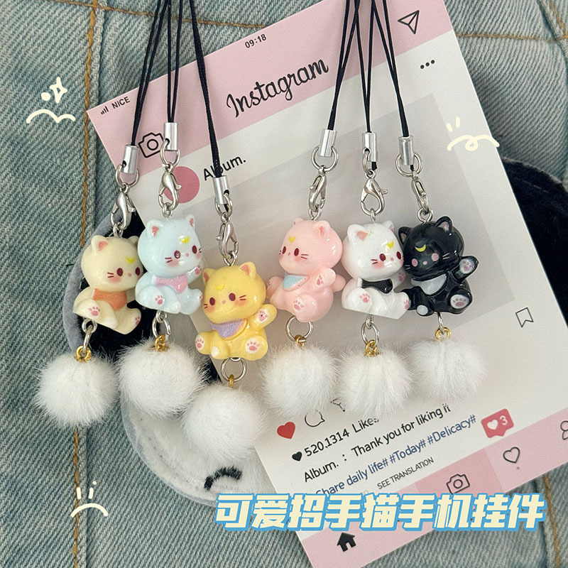 新款立体卡通小猫手机链可爱树脂钥匙扣学生包包挂件情侣闺蜜礼物