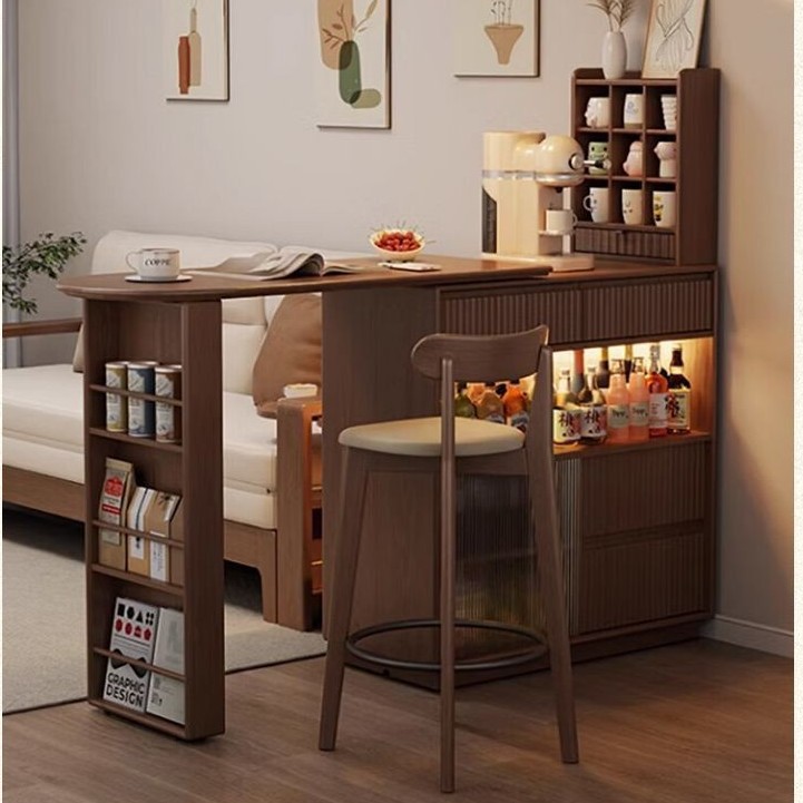 Chinese-Style Solid Wood Bar Table Corner Home Balcony Leisure Retractable Small Apartment Narrow Island Table Partition Cabinet Integrated