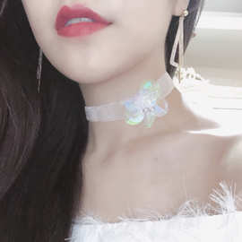 镭辐射七彩花choker韩国个性少女白色雪纱蕾丝亮片颈链短款批发