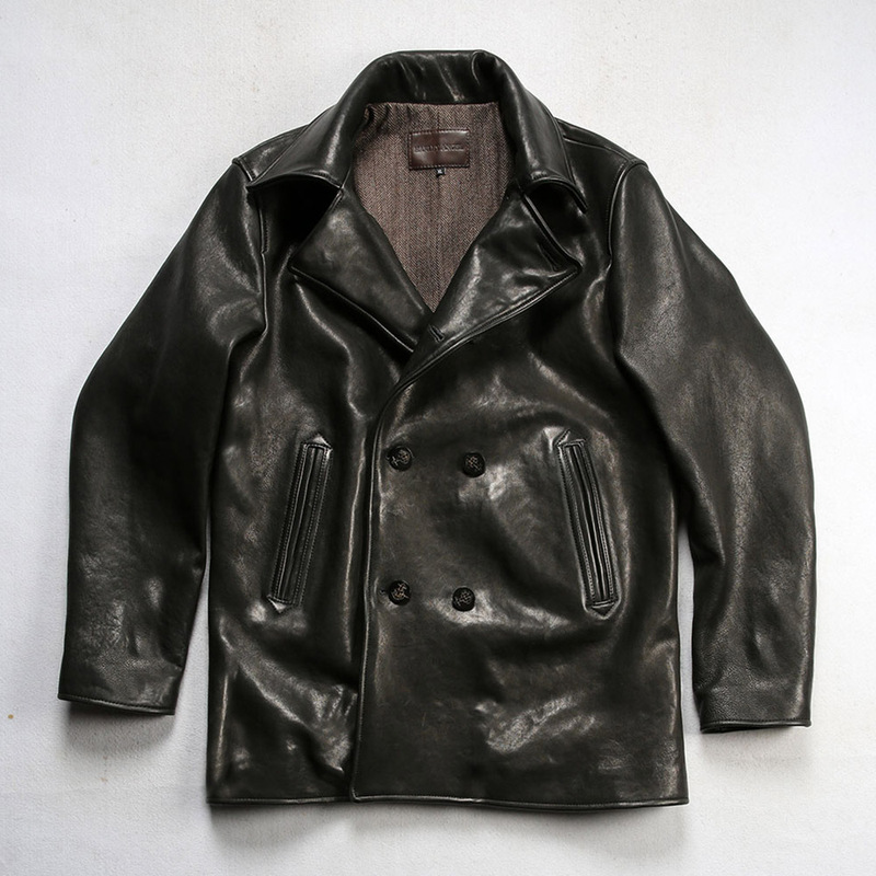Stallone Navy 740 Genuine Leather Outwear Men's Lapel Double-Row Horn Buckle Heavy Washed Fully Vegetable Tanned Goatskin Jacket