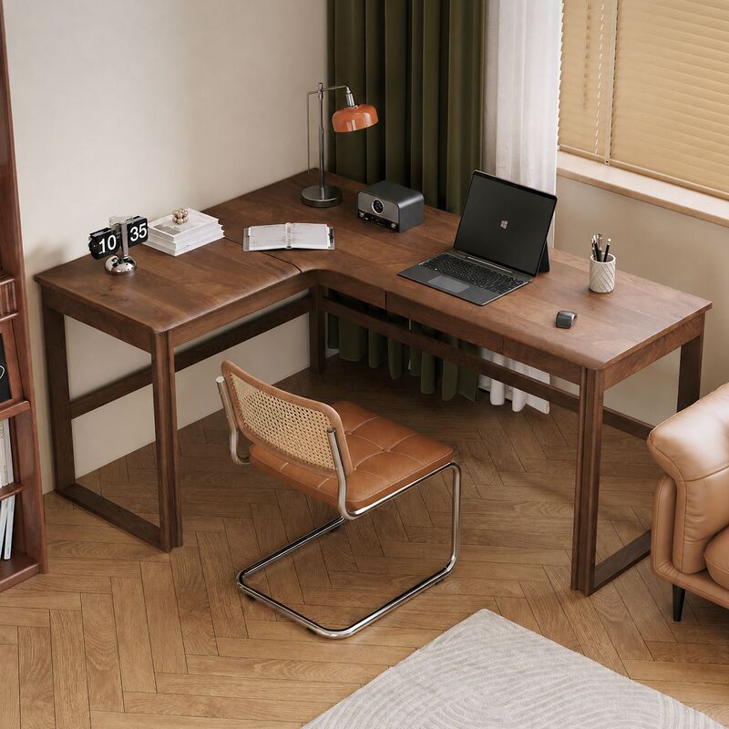 Solid Wood Corner Desk for Bedroom, Home-Use Desktop Computer Desk, Wall-Mounted L-Shaped Corner Office Desk, Double Study Desk