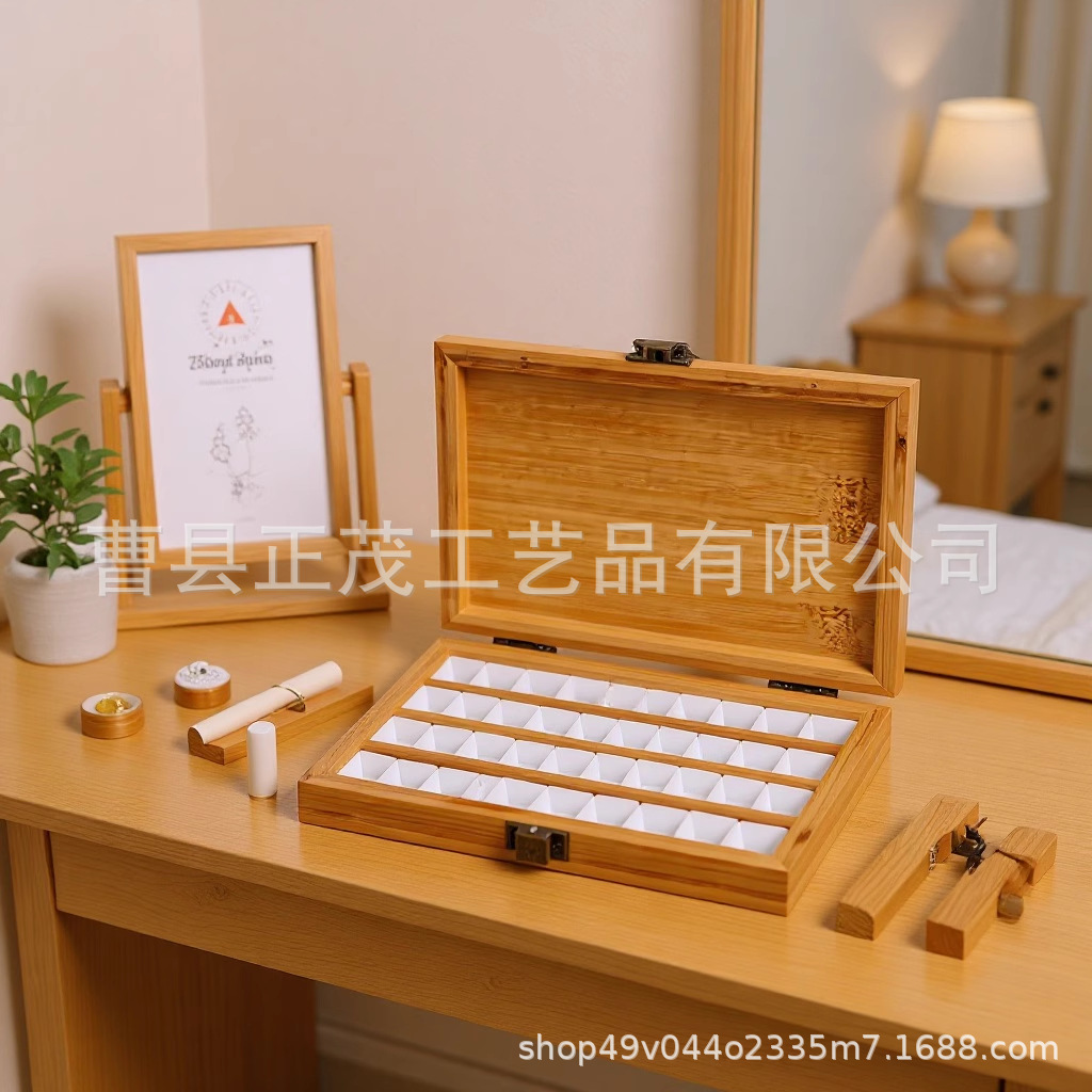 36格竹木方扣款调色水彩颜料盒 便携美甲彩绘胶颜料分装盒调色盒