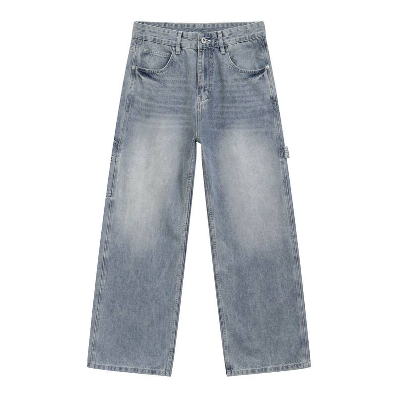 Quần jeans nam màu xanh nhạt dáng rộng ống đứng phong cách high street — Màu xanh dương