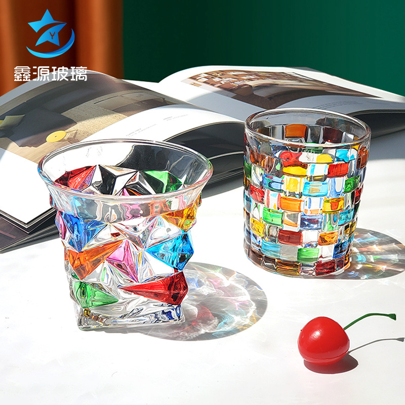創意撞色水晶杯威士忌彩繪水杯洋酒杯手繪彩色玻璃杯【廠家直銷】