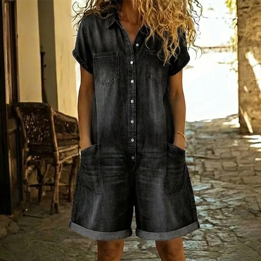2026 Spring Short-Sleeve Multi-Pocket Shirt, Washed Denim Jumpsuit, Shorts - Cross-Border Women's Clothing