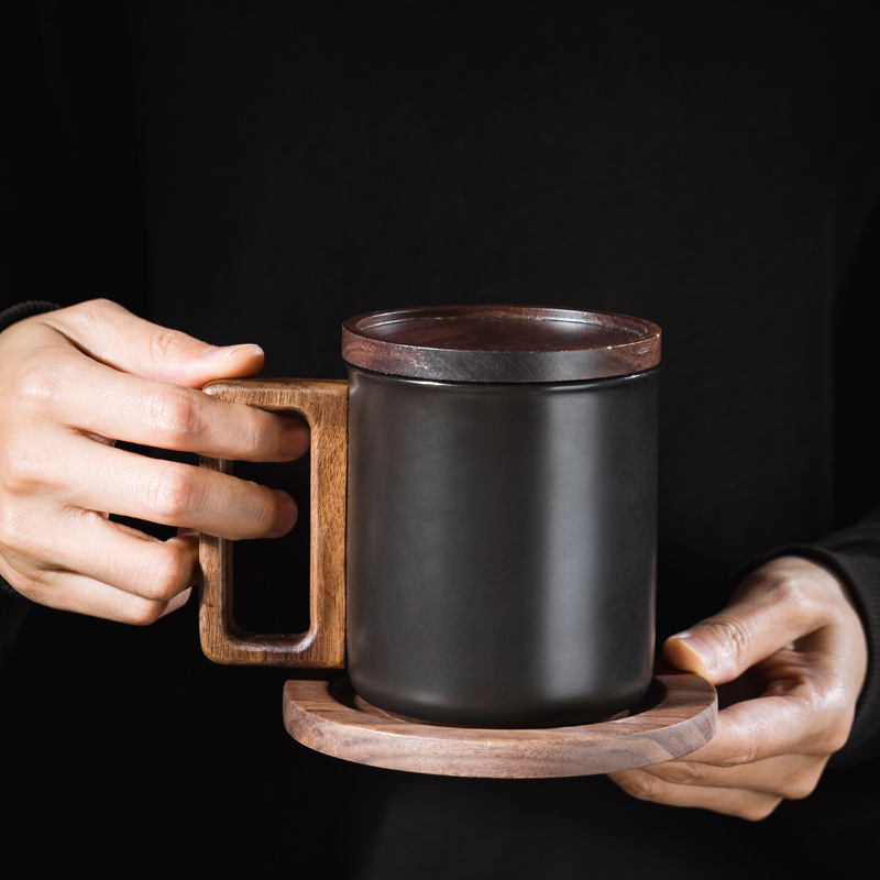 Suyuan taza de madera de nuez taza de cerámica taza de madera taza de café con cojín de taza de madera de madera logotipo publicitario grabado