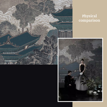 婚纱照背景布中式背景墙油画山水影楼MH黑色壁纸布楼阁建筑图复古