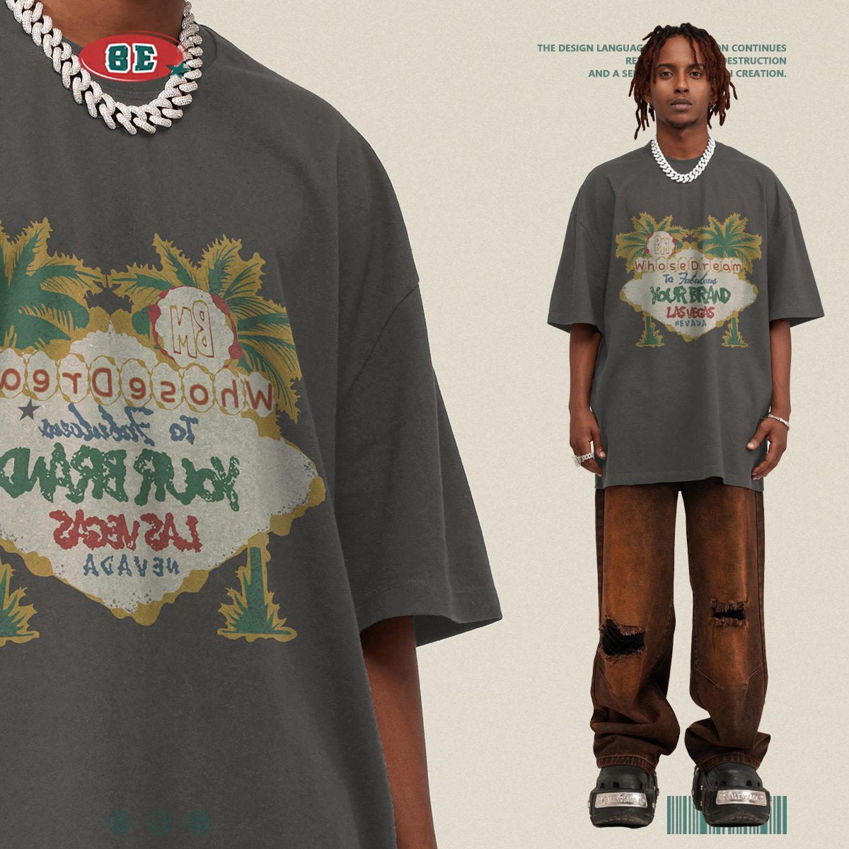 Camiseta de Marca BE para Hombre, Colección Primavera/Verano 2025, Estilo Vacaciones en la Costa Oeste, con Estampado de Palmeras, Manga Corta, Holgada, Moderna, Casual y Versátil