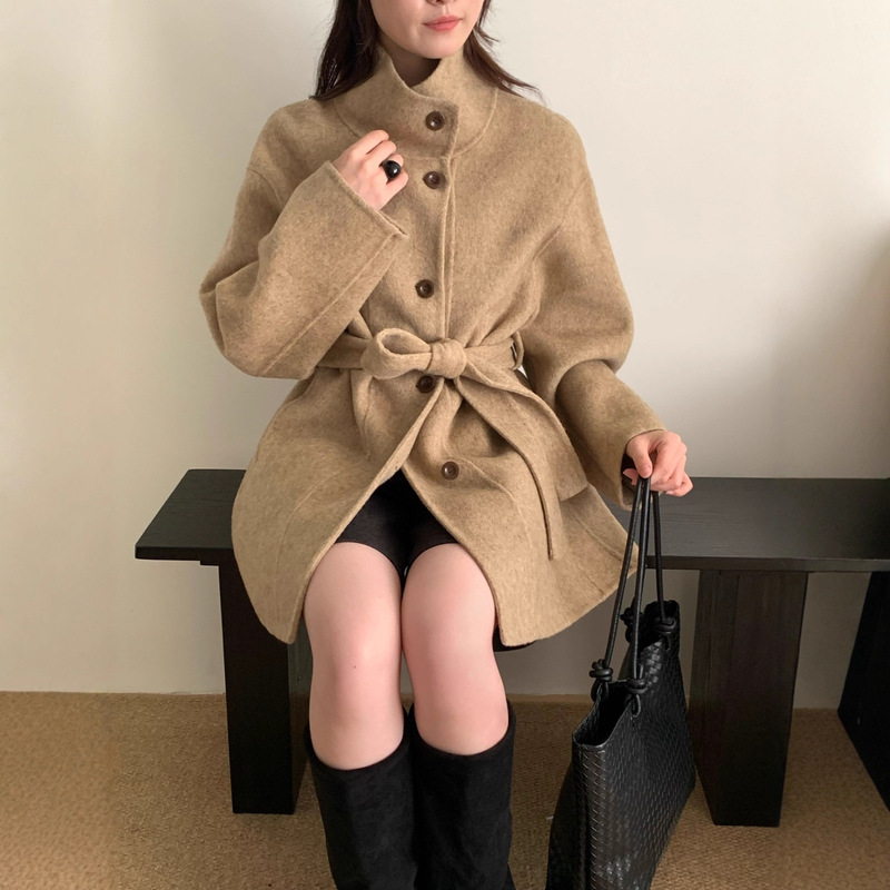 2025 New Double Stand Collar Lace-Up Cashmere Wool Coat Women's Korean Style Slim Easiest for Match Small Woolen Coat