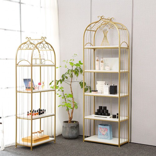 Nordic Golden Birdcage Style Multi-Level Standing Display Shelf for Books, Cosmetics, Nail Art, Clothing, Shoes, and Bags