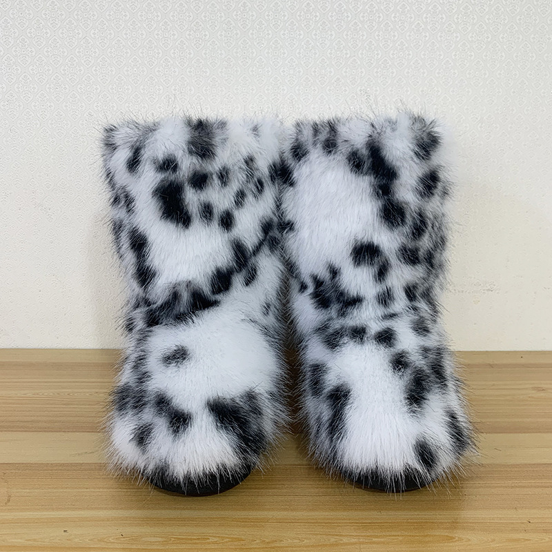 雪地靴女冬季中筒靴gal毛毛加厚仿貉子仿狐狸毛平跟辣妹y2k加绒保