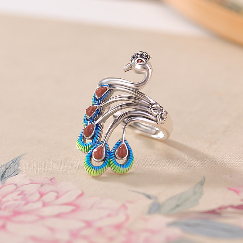 Yilu Silver Natural Hetian Jade Ring S925 Sterling Silver Jasper Southern Red Agate Peacock Men Guofeng Factory Bán buôn — Mẫu đỏ nam