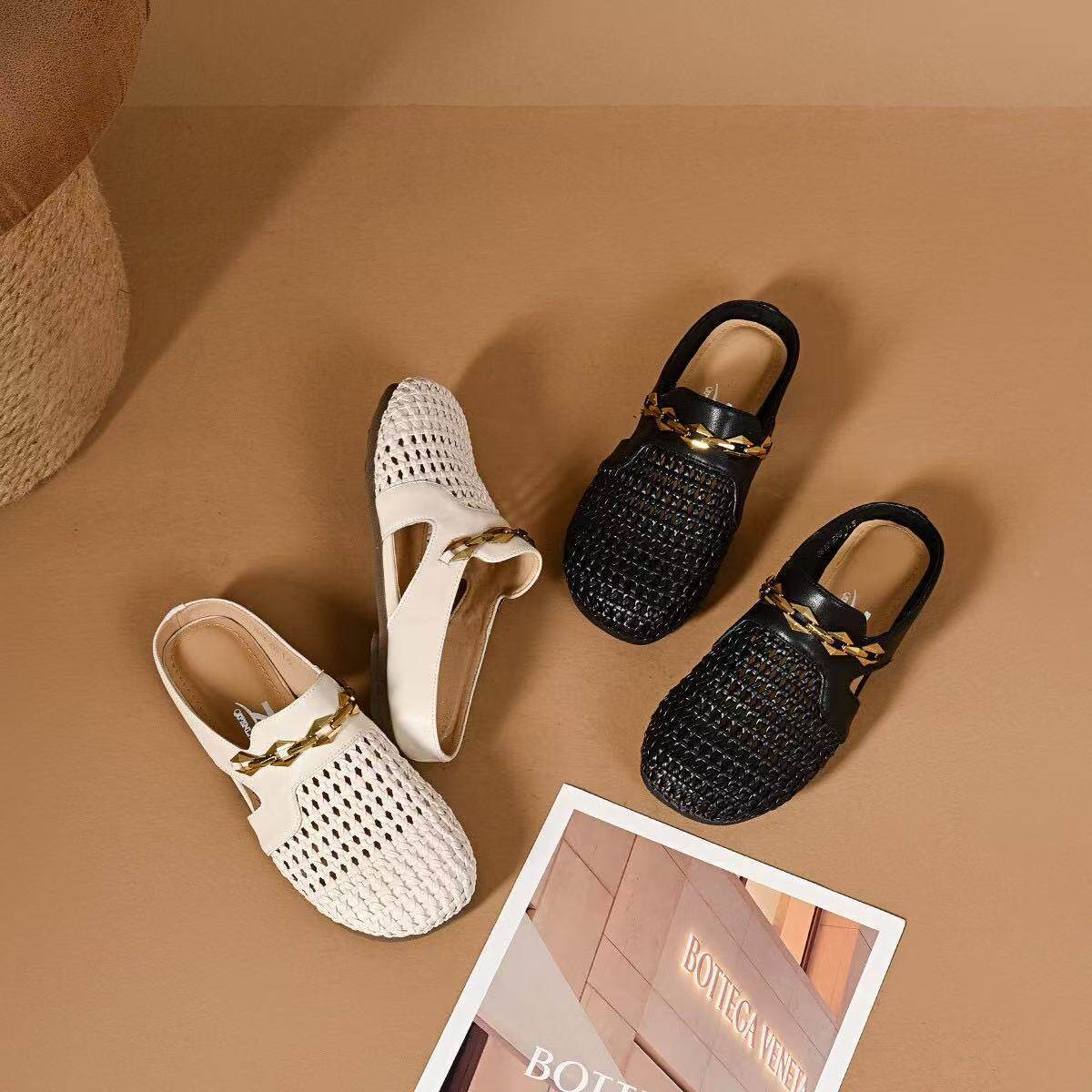 Dép sandal nữ da thật bít mũi dệt rỗng đế phẳng chống trượt — màu đen chi tiết 9