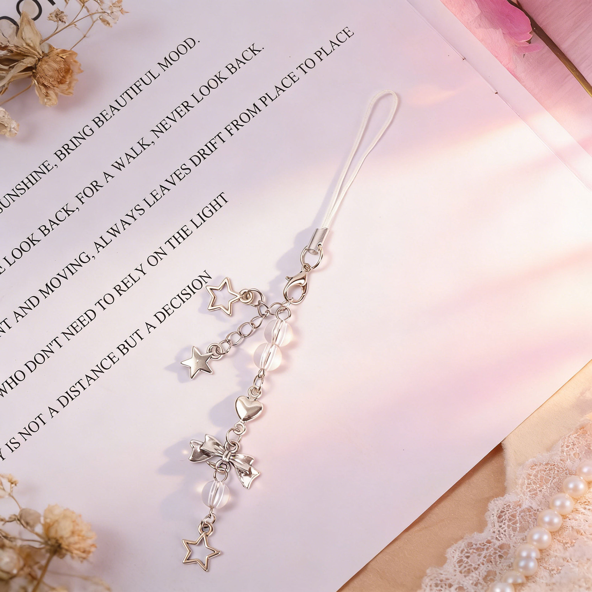 Korean and Japanese Style Ins Sweet Girly Silver Star Bow Phone Chain Simple Versatile Goo Card Chain Pendant