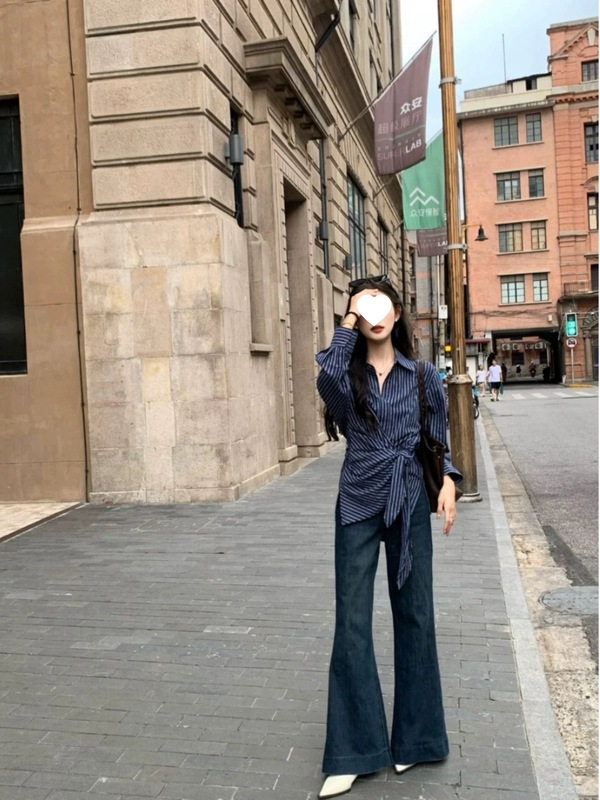 设计感不规则绑带开叉条纹衬衫女春季新款时尚气质高级感长袖衬衣|undefined