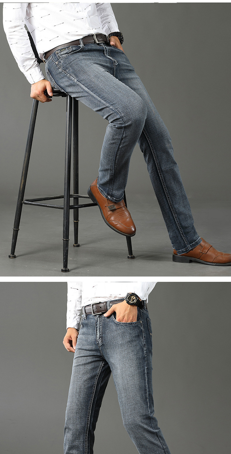 Spring and Autumn Thickened Cotton Jeans for Men's Business Straight Leg Loose Elastic Casual Pants Live Broadcast_voghion.com
