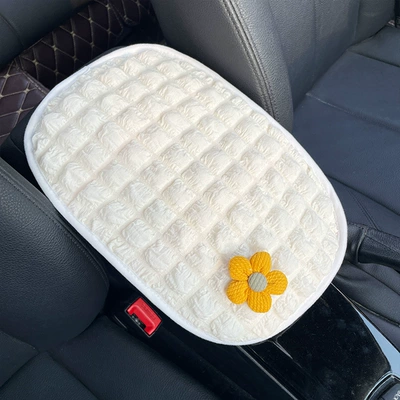 Armrest Cover, Car Armrest Box – Armrest box pad - white-puff-yellow-flower-armrest-cushion