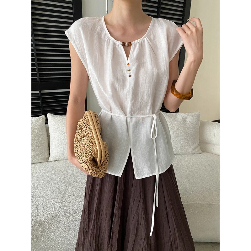 Sinan Island Holiday Style Tencel Ramie Beaded Round Neck Tie Waist Slimming Sleeveless Shirt Sn9049 Sinan Island Holiday Style Tencel Ramie Beaded Round Neck Tie Waist Slimming Sleeveless Shirt Sn9049