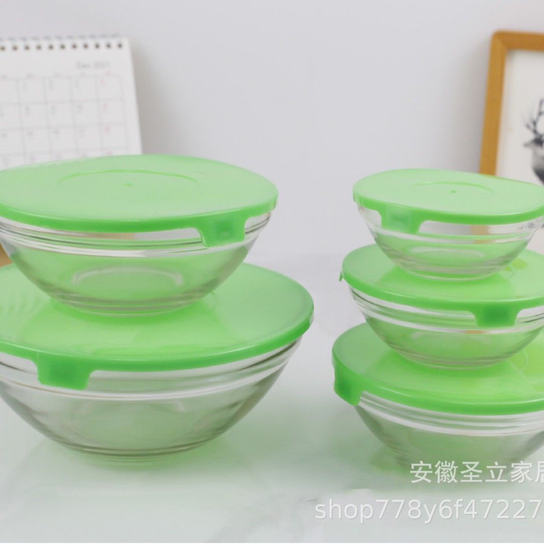 Nuevo juego de cuencos frescos Juego de cinco piezas Caja de almuerzo de tazón de fideos instantáneos con tapa Plato de frutas Ensalada Tazón de vidrio Regalo al por mayor