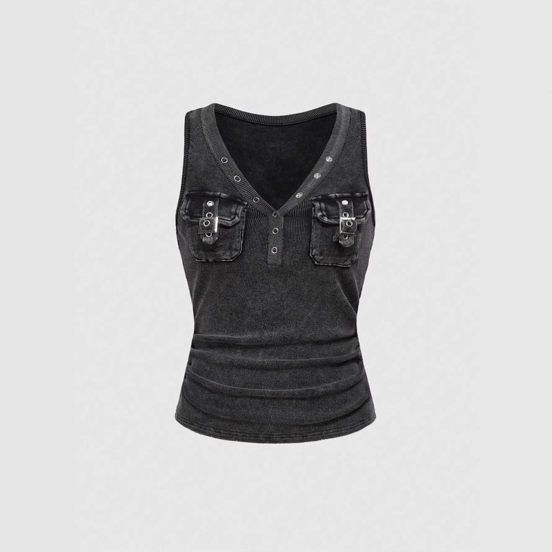 European and American Style Black and Gray Workwear Y2K Faux Vest with Metal Buckle Pockets, V-Neck Slim Fit Vest for Streetwear Outerwear