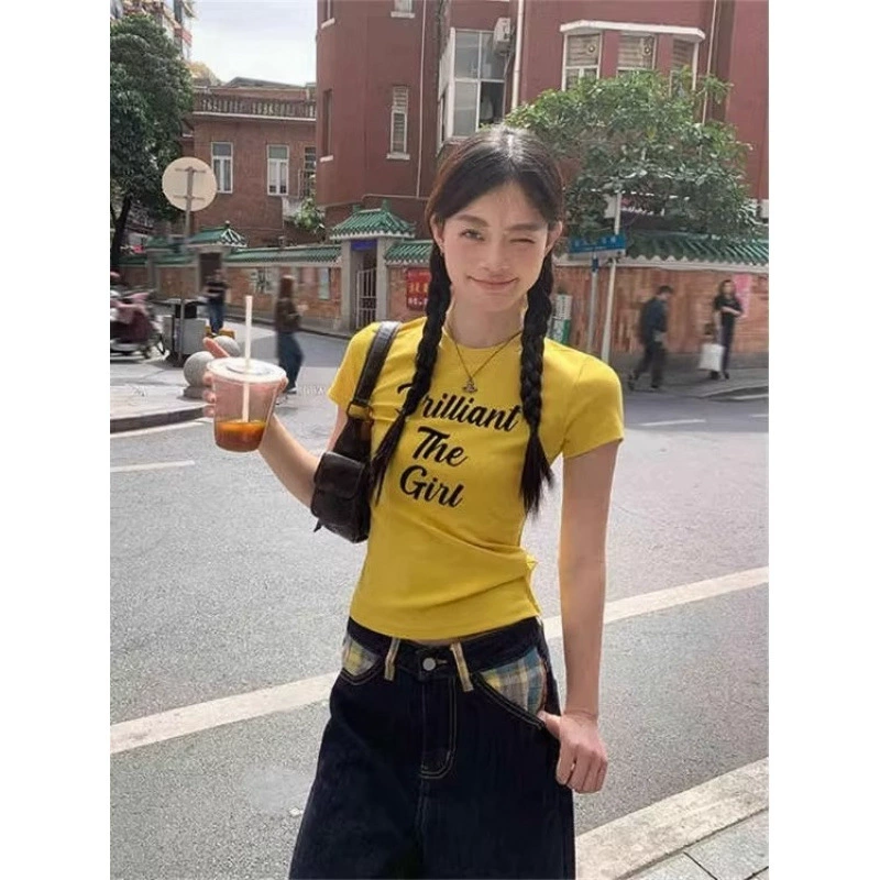 Корейская ниша ins желтая футболка с короткими рукавами на плече женская летняя тонкая тонкая буквенно-печатная короткая куртка