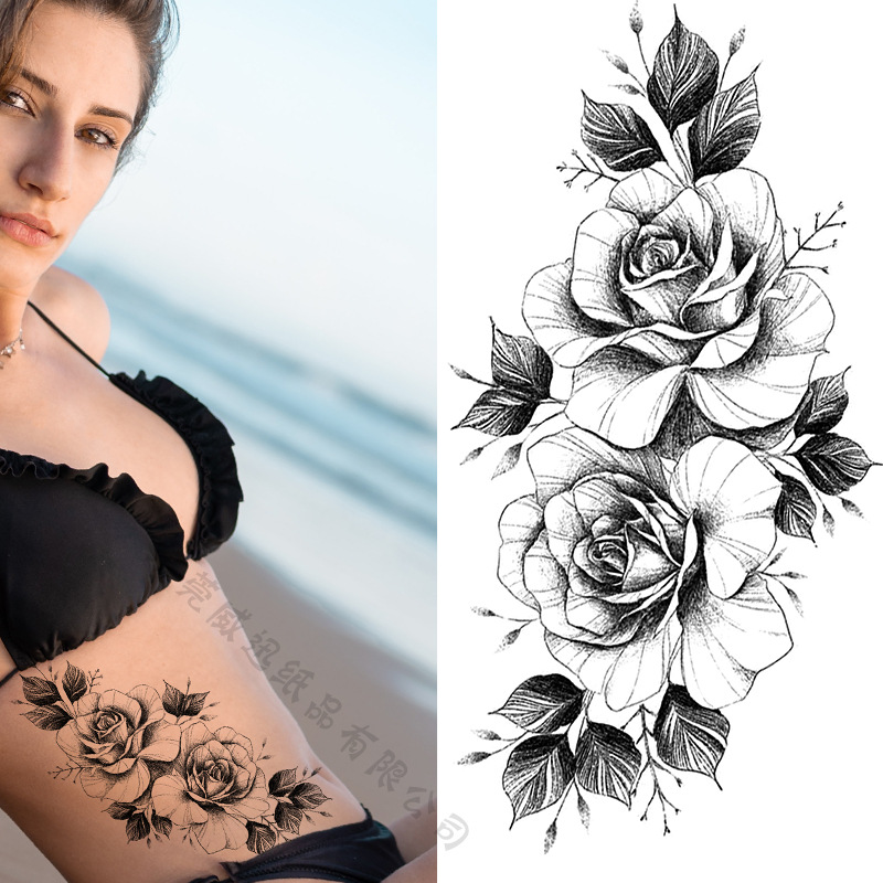 Cross-border dedicado Sketch flor tatuaje pegatinas boceto tatuaje pegatinas Rosa flor blanco y negro tatuaje de la flor