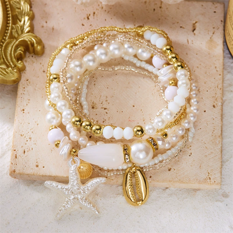 Bracelet set, marine woven ceramic design, multi-layer shell & bead stack (seasonal trend)