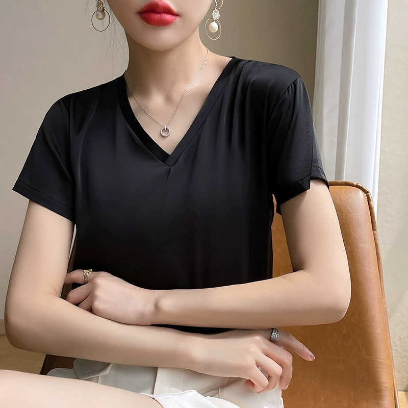 Новая летняя шелковистая атласная женская свободная рубашка с короткими рукавами и большим воротником, простая стильная верхняя одежда и модная нижняя рубашка
