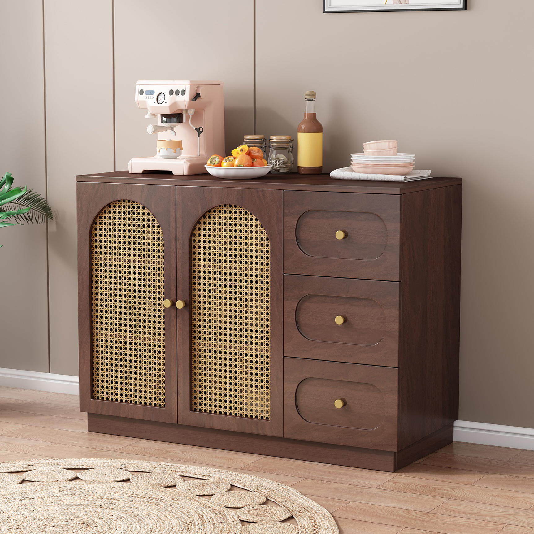 Medieval Style Sideboard Wall-Mounted Integrated Storage French Rattan Tea Water Household Dust-Proof Tea Cabinet Storage Cabinet