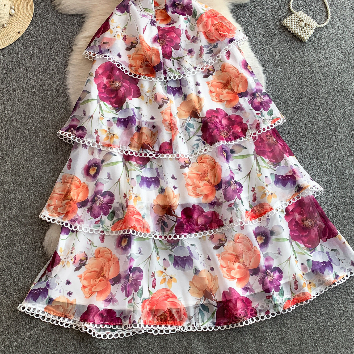 Women's French Retro Style Lace Patchwork Dress Round Neck Hollowed Out Printed Slimming Ruffle Skirt Long Casual Clothing_ecoleips.com