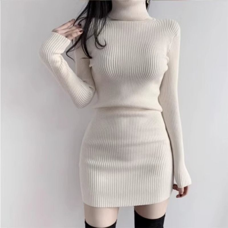 Autumn and Winter Black Turtleneck Knitted Dress for Women, Slim Fit, Tight-Fitting, Thickeneded Bottoming Sweater, Hip-Covering Short Skirt