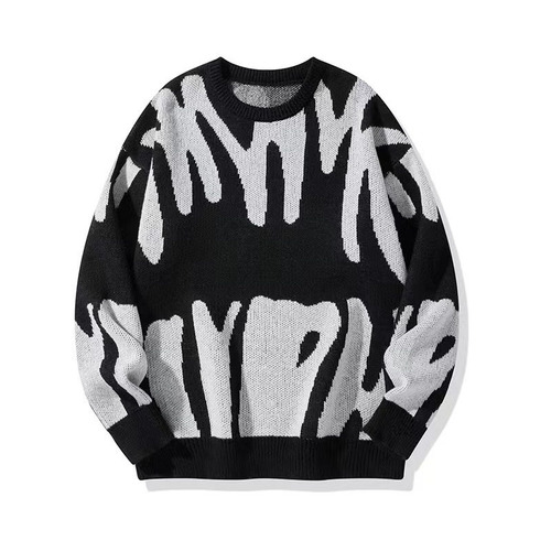 Men's Autumn/Winter Trend Personalized Pique Crew Neck Knit Sweater for Youth Black and White Pique Oversized Knit Cardigan