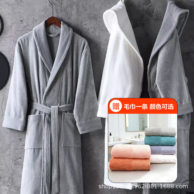 Five-Star Hotel Bathrobe for Men and Women, Pure Cotton Towel Material, Ultra-Thick, Skin-Friendly, Soft and Absorbent, Couple's Nightgown, Bathrobe, Autumn and Winter