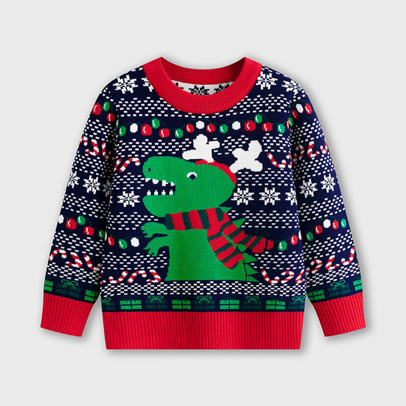 2026 New European and American Autumn and Winter Boys' Baby Knitwear Children's Cartoon Christmas Dinosaur Pullover Sweater