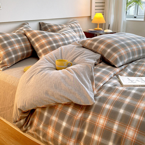 Pure Cotton Japanese Check Water Washed Cotton Quilt Set Four Piece Set Full Cotton Bed Skirt Set Student Dormitory Three Piece Bedding Set Wholesale